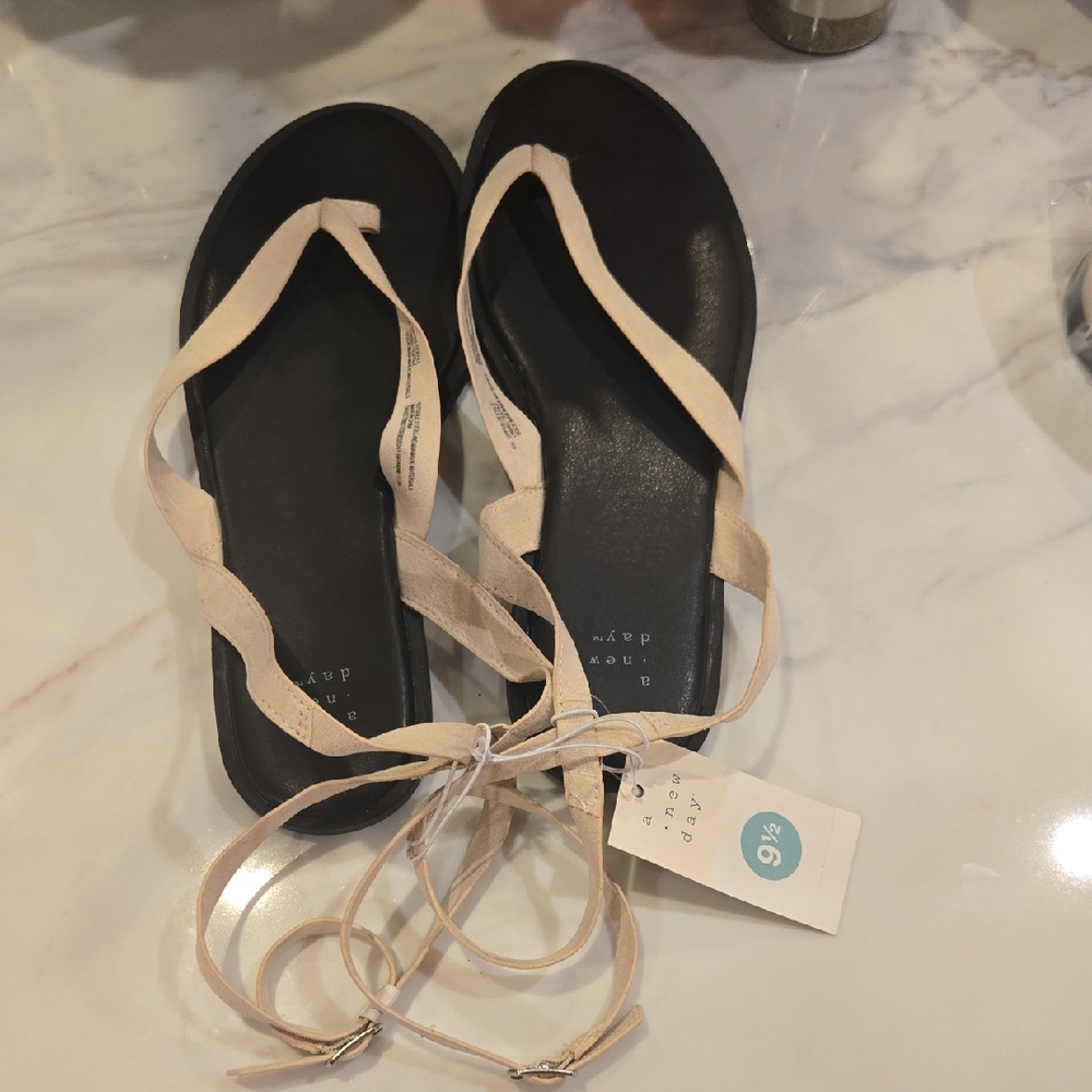 a new day Beige Lace-Up Flat Sandals with Black Footbed